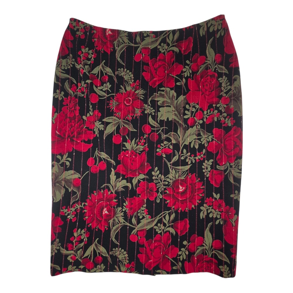 Escada Black Red Rose Floral Textured Wool Blend Pencil Skirt EU 40/US 10